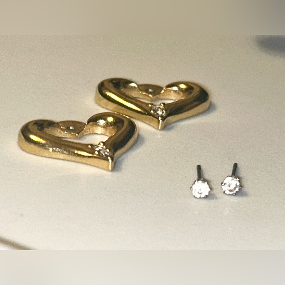 Vintage Gold Convertible Heart Earrings with Rhinestones - Picture 3 of 8